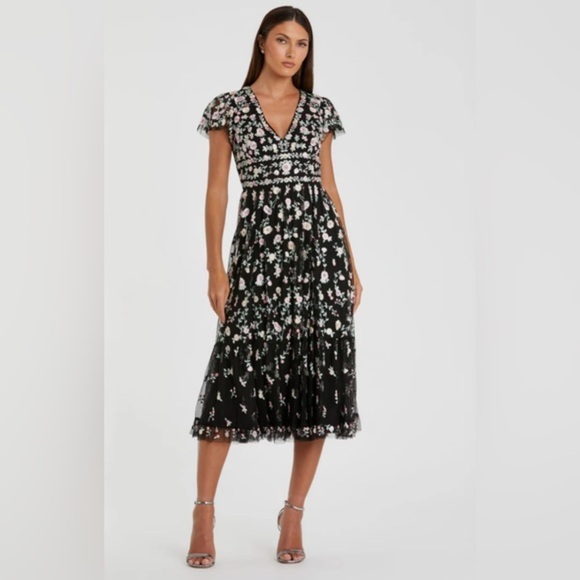 NWT | Mac Duggal 35104 Black Embroidered V Neck Cap Sleeve Midi Dress Size 16 - Picture 1 of 11